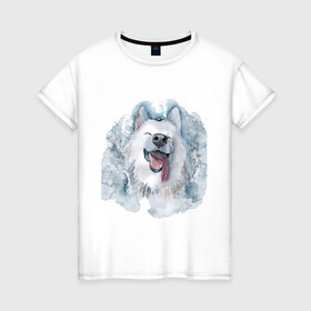 Женская футболка хлопок с принтом Самоед в Курске, 100% хлопок | прямой крой, круглый вырез горловины, длина до линии бедер, слегка спущенное плечо | животные | лайка | питомцы | самоед | самоедская лайка | собака | собаки