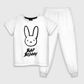 Детская пижама хлопок с принтом Bad Bunny лого в Курске, 100% хлопок |  брюки и футболка прямого кроя, без карманов, на брюках мягкая резинка на поясе и по низу штанин
 | bad bunny | benito antonio martnez ocasio | hip hop | latin trap | logo | music | rap | rnb | singer | star | бенито антонио мартинес окасио | звезда | латинский трэп | логотип | музыка | певец | рнб | рэп | хип хоп