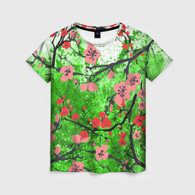 Женская футболка 3D с принтом Сакура | Sakura (Z) в Курске, 100% полиэфир ( синтетическое хлопкоподобное полотно) | прямой крой, круглый вырез горловины, длина до линии бедер | chery | flowers | japan | roses | sakura | вишнёвый цвет | вишня | растения | розы | ромашка | сакура | тюльпаны | хана | ханами | цветы | цветы сакуры | япония