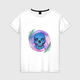 Женская футболка хлопок с принтом Акварель в Курске, 100% хлопок | прямой крой, круглый вырез горловины, длина до линии бедер, слегка спущенное плечо | акварель | краски | принт | растения | цветы | череп