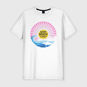 Мужская футболка хлопок Slim с принтом Bondi Beach Sydney в Курске, 92% хлопок, 8% лайкра | приталенный силуэт, круглый вырез ворота, длина до линии бедра, короткий рукав | Тематика изображения на принте: bondi | sydney | акула | восход | закат | море | отдых | пляж | рассвет | сидней | турист