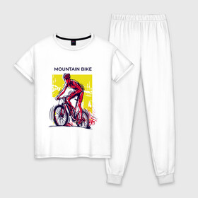 Женская пижама хлопок с принтом Mountain Bike велосипедист в Курске, 100% хлопок | брюки и футболка прямого кроя, без карманов, на брюках мягкая резинка на поясе и по низу штанин | bicycle sport | bmx | country | cross | extreme | flatland | track | байк | велокросс | велосипедный спорт | горный велосипед | кросс | кросс кантри | трайк | трек | триал | флэтлэнд | фрирайд | шоссейные велоспорт
