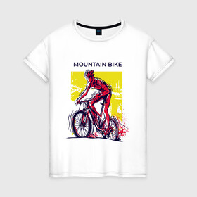 Женская футболка хлопок с принтом Mountain Bike велосипедист в Курске, 100% хлопок | прямой крой, круглый вырез горловины, длина до линии бедер, слегка спущенное плечо | bicycle sport | bmx | country | cross | extreme | flatland | track | байк | велокросс | велосипедный спорт | горный велосипед | кросс | кросс кантри | трайк | трек | триал | флэтлэнд | фрирайд | шоссейные велоспорт