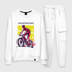 Женский костюм хлопок с принтом Mountain Bike велосипедист в Курске, 100% хлопок | на свитшоте круглая горловина, мягкая резинка по низу. Брюки заужены к низу, на них два вида карманов: два 