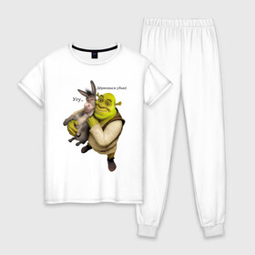 Женская пижама хлопок с принтом Shrek-Donkey в Курске, 100% хлопок | брюки и футболка прямого кроя, без карманов, на брюках мягкая резинка на поясе и по низу штанин | dreamworks | shrek | арт | лого | мультфильм | постер | шрек