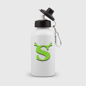 Бутылка спортивная с принтом Shrek Logo (+спина) (Z) в Курске, металл | емкость — 500 мл, в комплекте две пластиковые крышки и карабин для крепления | dreamworks | shrek | зелёный огр | мульт | мультфильм | приключения