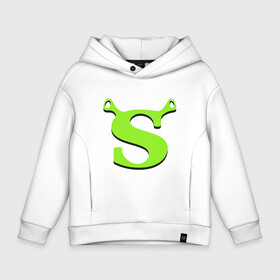 Детское худи Oversize хлопок с принтом Shrek Logo (+спина) (Z) в Курске, френч-терри — 70% хлопок, 30% полиэстер. Мягкий теплый начес внутри —100% хлопок | боковые карманы, эластичные манжеты и нижняя кромка, капюшон на магнитной кнопке | dreamworks | shrek | зелёный огр | мульт | мультфильм | приключения