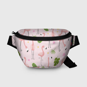 Поясная сумка 3D с принтом Фламинго в Курске, 100% полиэстер | плотная ткань, ремень с регулируемой длиной, внутри несколько карманов для мелочей, основное отделение и карман с обратной стороны сумки застегиваются на молнию | pink flamingo | листья | птицы | фламинго | цветы