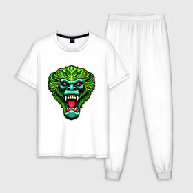 Мужская пижама хлопок с принтом Злая зеленая обезьяна в Курске, 100% хлопок | брюки и футболка прямого кроя, без карманов, на брюках мягкая резинка на поясе и по низу штанин
 | агрессия | зеленая | злая | зубы | обезьяна | оскал
