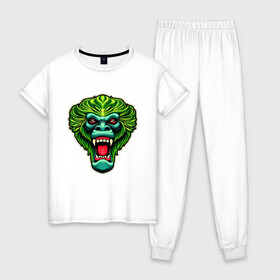 Женская пижама хлопок с принтом Злая зеленая обезьяна в Курске, 100% хлопок | брюки и футболка прямого кроя, без карманов, на брюках мягкая резинка на поясе и по низу штанин | агрессия | зеленая | злая | зубы | обезьяна | оскал