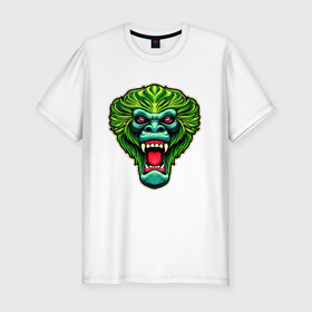 Мужская футболка хлопок Slim с принтом Злая зеленая обезьяна в Курске, 92% хлопок, 8% лайкра | приталенный силуэт, круглый вырез ворота, длина до линии бедра, короткий рукав | Тематика изображения на принте: агрессия | зеленая | злая | зубы | обезьяна | оскал