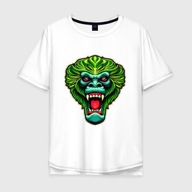 Мужская футболка хлопок Oversize с принтом Злая зеленая обезьяна в Курске, 100% хлопок | свободный крой, круглый ворот, “спинка” длиннее передней части | агрессия | зеленая | злая | зубы | обезьяна | оскал