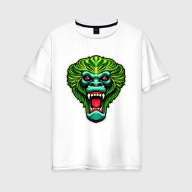 Женская футболка хлопок Oversize с принтом Злая зеленая обезьяна в Курске, 100% хлопок | свободный крой, круглый ворот, спущенный рукав, длина до линии бедер
 | агрессия | зеленая | злая | зубы | обезьяна | оскал