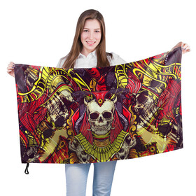 Флаг 3D с принтом Unprecedented Fear в Курске, 100% полиэстер | плотность ткани — 95 г/м2, размер — 67 х 109 см. Принт наносится с одной стороны | death | змея | кобра | монстр | рога | скелет | фараон | хоррор | череп