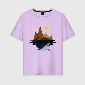 Женская футболка хлопок Oversize с принтом Abstract Geometry Shark Island в Курске, 100% хлопок | свободный крой, круглый ворот, спущенный рукав, длина до линии бедер
 | art | fish | geometric print | minimal | minimalism | minimalist | mountains | абстрактный принт | абстрактный рисунок | абстракция | акула | акулий остров | акулы | арт | геометрический принт | геометрический рисунок | горы
