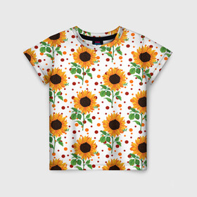Детская футболка 3D с принтом Оранжевые летние подсолнухи в Курске, 100% гипоаллергенный полиэфир | прямой крой, круглый вырез горловины, длина до линии бедер, чуть спущенное плечо, ткань немного тянется | Тематика изображения на принте: flower | flowers | pattern | summer | sunflower | sunflower pattern | sunflowers | wildflowers | астра | астровые | веснушки | лето | паттерн | подсолнечник однолетний | подсолнух | полевые цветы | рисунок подсолнухов | узор