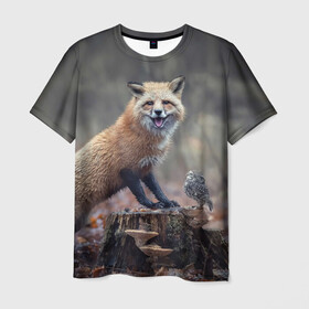 Мужская футболка 3D с принтом Лисица и птичка в Курске, 100% полиэфир | прямой крой, круглый вырез горловины, длина до линии бедер | fox | foxy | животное | звери | лиса | лисенок | лисичка | милая | рыжая | фокс