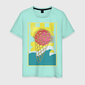 Мужская футболка хлопок с принтом Вкус лета в Курске, 100% хлопок | прямой крой, круглый вырез горловины, длина до линии бедер, слегка спущенное плечо. | summer | вафельный рожок | волна | десерт | лето | мороженое