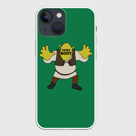 Чехол для iPhone 13 mini с принтом Shrek. Somebody в Курске,  |  | Тематика изображения на принте: donkey | fiona | gonna | is | life | love | me | once | roll | shrek | somebody | the | told | world | артур | в | гарольд | дракон | жизнь | кот | лорд | любовь | мем | мерлин | огр | осел | пиноккио | пряник | сапогах | фаркуад | фиона | чарм