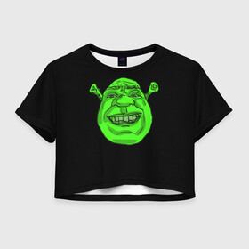 Женская футболка Crop-top 3D с принтом Shreks Face в Курске, 100% полиэстер | круглая горловина, длина футболки до линии талии, рукава с отворотами | donkey | fiona | gonna | is | life | love | me | once | roll | shrek | somebody | the | told | world | артур | в | гарольд | дракон | жизнь | кот | лорд | любовь | мем | мерлин | огр | осел | пиноккио | пряник | сапогах | фаркуад | фиона | чарм