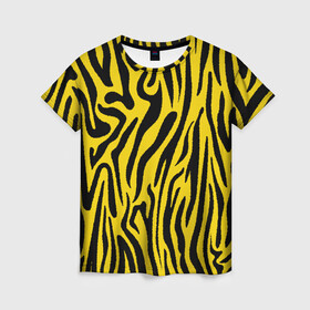 Женская футболка 3D с принтом Тигровые полоски в Курске, 100% полиэфир ( синтетическое хлопкоподобное полотно) | прямой крой, круглый вырез горловины, длина до линии бедер | абстракция | зоопринт | орнамент | полоски | полосы | пчелиный | тигровый