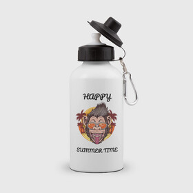 Бутылка спортивная с принтом Счастливая обезьяна в Курске, металл | емкость — 500 мл, в комплекте две пластиковые крышки и карабин для крепления | лето | надпись | обезьяна | отпуск | очки | пальмы | счастье