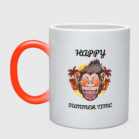 Кружка хамелеон с принтом Счастливая обезьяна в Курске, керамика | меняет цвет при нагревании, емкость 330 мл | лето | надпись | обезьяна | отпуск | очки | пальмы | счастье