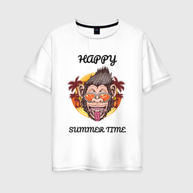 Женская футболка хлопок Oversize с принтом Счастливая обезьяна в Курске, 100% хлопок | свободный крой, круглый ворот, спущенный рукав, длина до линии бедер
 | Тематика изображения на принте: лето | надпись | обезьяна | отпуск | очки | пальмы | счастье