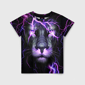 Детская футболка 3D с принтом НЕОНОВЫЙ ЛЕВ  NEON LION в Курске, 100% гипоаллергенный полиэфир | прямой крой, круглый вырез горловины, длина до линии бедер, чуть спущенное плечо, ткань немного тянется | lion | neon | голова | гроза | дикая кошка | животные | кот | кошка | лев | молния | неон | тигр | хищник