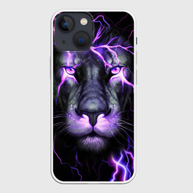 Чехол для iPhone 13 mini с принтом НЕОНОВЫЙ ЛЕВ  NEON LION в Курске,  |  | lion | neon | голова | гроза | дикая кошка | животные | кот | кошка | лев | молния | неон | тигр | хищник