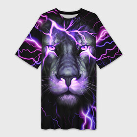 Платье-футболка 3D с принтом НЕОНОВЫЙ ЛЕВ  NEON LION в Курске,  |  | lion | neon | голова | гроза | дикая кошка | животные | кот | кошка | лев | молния | неон | тигр | хищник
