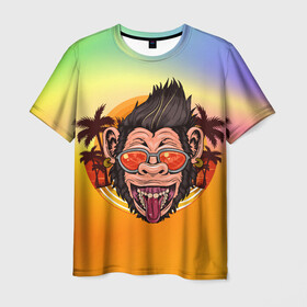 Мужская футболка 3D с принтом Веселая обезьяна в очках в Курске, 100% полиэфир | прямой крой, круглый вырез горловины, длина до линии бедер | Тематика изображения на принте: закат | лето | обезьяна | очки | пальмы | побережье