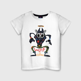 Детская футболка хлопок с принтом Волк в маске зайца в Курске, 100% хлопок | круглый вырез горловины, полуприлегающий силуэт, длина до линии бедер | волк | заяц | иметатор | маска | сердце | хищник