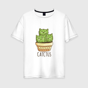 Женская футболка хлопок Oversize с принтом Котики Кактусы Catctus в Курске, 100% хлопок | свободный крой, круглый ворот, спущенный рукав, длина до линии бедер
 | cactus | cat | cats | cute cactus | english words | kitten | kitty | puss | pussy | pussycat | кактус в горшке | киски | кисы | котёнок | котики | коты в виде кактусов | коты кактусы | котята | котята кактусы | котятки | кошечки | кошка | мил
