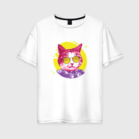 Женская футболка хлопок Oversize с принтом Кот Тусовщик в солнечных очках в Курске, 100% хлопок | свободный крой, круглый ворот, спущенный рукав, длина до линии бедер
 | cat | cats | chill | cool cat | kitten | leto | party | puss | pussy | pussycat | summer | vacation | киски | кисы | кот в гавайской рубашке | котёнок | котики | котята | котятки | кошечки | кошка | лето | отдых | отпуск | пати |