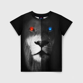 Детская футболка 3D с принтом ЛЕВ - НЕОНОВЫЕ ГЛАЗА в Курске, 100% гипоаллергенный полиэфир | прямой крой, круглый вырез горловины, длина до линии бедер, чуть спущенное плечо, ткань немного тянется | lion | neon | глаза | голова | дикая кошка | животные | кот | кошка | лев | неон | светящиеся глаза | тигр | хищник