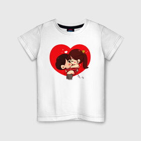Детская футболка хлопок с принтом Любовная пара чибиков в Курске, 100% хлопок | круглый вырез горловины, полуприлегающий силуэт, длина до линии бедер | волосы | глаза 
. | девочка | мальчик | сердце