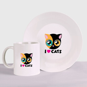 Набор: тарелка + кружка с принтом I Love Cats в Курске, керамика | Кружка: объем — 330 мл, диаметр — 80 мм. Принт наносится на бока кружки, можно сделать два разных изображения. 
Тарелка: диаметр - 210 мм, диаметр для нанесения принта - 120 мм. | animal | cat | cute | kitty | love | meow | друг | животные | киска | китти | кот | котенок | котик | котэ | кошечка | кошка | милый | мур | мяу | питомец | тигр