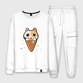 Мужской костюм хлопок с принтом Ice Cream Cat в Курске, 100% хлопок | на свитшоте круглая горловина, мягкая резинка по низу. Брюки заужены к низу, на них два вида карманов: два “обычных” по бокам и два объемных, с клапанами, расположенные ниже линии бедра. Брюки с мягкой трикотажной резинкой на поясе и по низу штанин. В поясе для дополнительного комфорта — широкие завязки | animal | cat | cute | kitty | meow | друг | животные | киска | китти | кот | котенок | котик | котэ | кошечка | кошка | милый | мороженое | мур | мяу | питомец | тигр