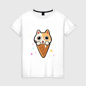 Женская футболка хлопок с принтом Ice Cream Cat в Курске, 100% хлопок | прямой крой, круглый вырез горловины, длина до линии бедер, слегка спущенное плечо | animal | cat | cute | kitty | meow | друг | животные | киска | китти | кот | котенок | котик | котэ | кошечка | кошка | милый | мороженое | мур | мяу | питомец | тигр