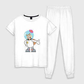 Женская пижама хлопок с принтом Сэнди в Курске, 100% хлопок | брюки и футболка прямого кроя, без карманов, на брюках мягкая резинка на поясе и по низу штанин | sponge bob | spongebob squarepants | губка боб | губка боб квадратные штаны | спанч боб