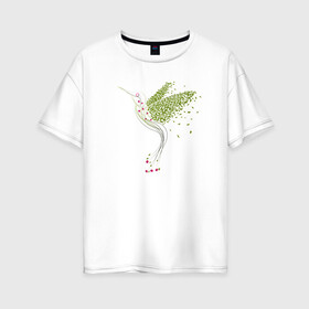 Женская футболка хлопок Oversize с принтом Колибри из листья и цветов в Курске, 100% хлопок | свободный крой, круглый ворот, спущенный рукав, длина до линии бедер
 | зеленый | колибри | листья | полет | птица | стилизация | цветы