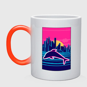 Кружка хамелеон с принтом Дельфин на фоне города в Курске, керамика | меняет цвет при нагревании, емкость 330 мл | Тематика изображения на принте: город | дельфин | закат | море | ретро