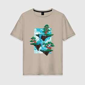 Женская футболка хлопок Oversize с принтом Парящие острова | Пейзаж в Курске, 100% хлопок | свободный крой, круглый ворот, спущенный рукав, длина до линии бедер
 | art | clouds | dream | faity tale | fantasy | floating islands | landscape | painting | tale | tree | арт | водопад | водопады | деревья | иллюстрация | картина | летающие острова | мечта | небо | облака | рисунок | сказка | сновидение | сон