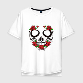 Мужская футболка хлопок Oversize с принтом Череп и розы в Курске, 100% хлопок | свободный крой, круглый ворот, “спинка” длиннее передней части | Тематика изображения на принте: skull | глазницы | розы | цветы | череп
