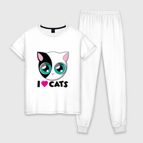 Женская пижама хлопок с принтом I Love Cats в Курске, 100% хлопок | брюки и футболка прямого кроя, без карманов, на брюках мягкая резинка на поясе и по низу штанин | animal | cat | cute | kitty | love | meow | друг | животные | киска | китти | кот | котенок | котик | котэ | кошечка | кошка | люблю | любовь | милый | мур | мяу | питомец | тигр