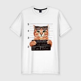 Мужская футболка хлопок Slim с принтом РУТОЙ КОТ В ОЧКАХ ЗАКЛЮЧЕННЫЙ в Курске, 92% хлопок, 8% лайкра | приталенный силуэт, круглый вырез ворота, длина до линии бедра, короткий рукав | cat | cats | cool | cute | funny | kitten | kitty | meow | pet | prisoner | в очках | заключенный | кот | котик | коты | кошка | кошки | милый