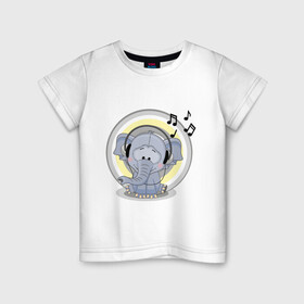 Детская футболка хлопок с принтом Слоненок в наушниках в Курске, 100% хлопок | круглый вырез горловины, полуприлегающий силуэт, длина до линии бедер | аудио | вдохновение | детеныш | детский | животное | зверь | звуки | зоопарк | лекция | малыш | муза | музыка | музыкант | мультяшный | наушники | нозы | ноты | рисунок | слон | слоненок