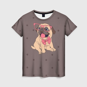 Женская футболка 3D с принтом Мопс в очках в Курске, 100% полиэфир ( синтетическое хлопкоподобное полотно) | прямой крой, круглый вырез горловины, длина до линии бедер | бульдог | бульдоги | в горошек | животное | золото | мопс | мопсики | пес | порода | собака | собачки