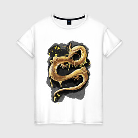 Женская футболка хлопок с принтом Золотой Дракон в Курске, 100% хлопок | прямой крой, круглый вырез горловины, длина до линии бедер, слегка спущенное плечо | animal | art | dragon | print | арт | дракон | звери | принт | фон | япония
